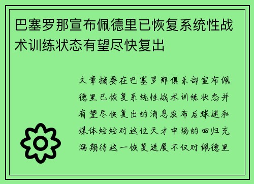 巴塞罗那宣布佩德里已恢复系统性战术训练状态有望尽快复出 巴塞罗那宣布佩德里已恢复系统性战术训练状态有望尽快复出