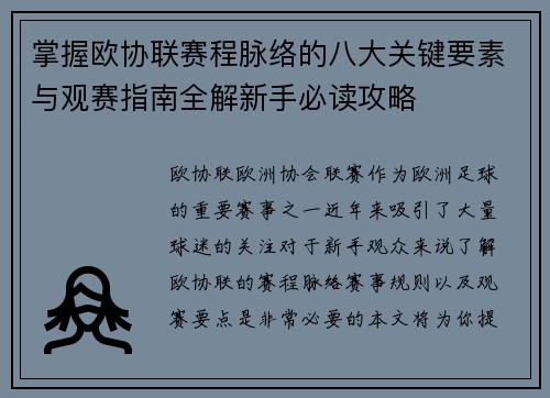 掌握欧协联赛程脉络的八大关键要素与观赛指南全解新手必读攻略