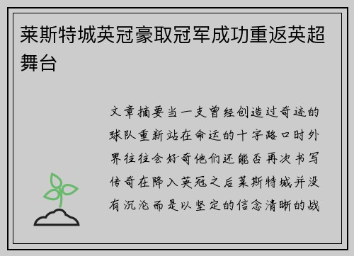 莱斯特城英冠豪取冠军成功重返英超舞台